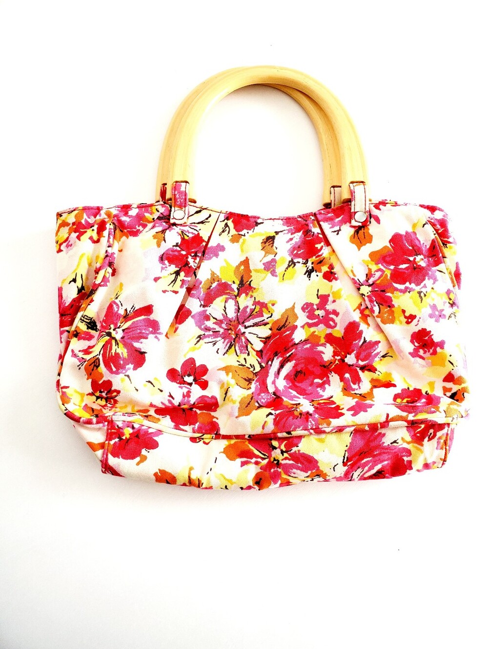 Old Navy Pink, Yellow and Cream Floral Satchel with Bamboo-Style Handles